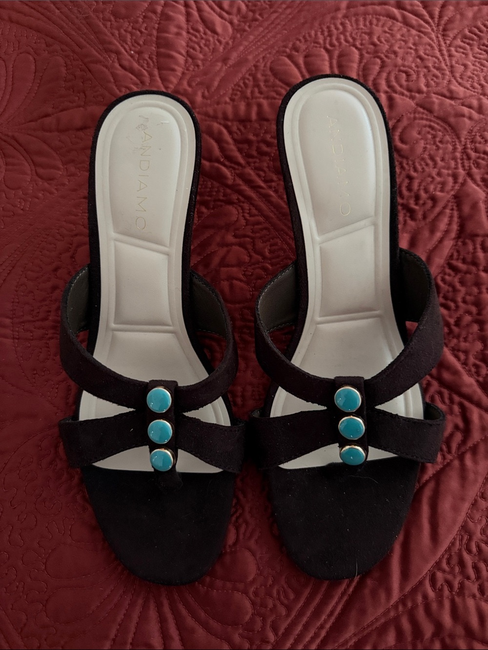 Mandiamo Brown Suede Slide Mules with Turquoise Accents